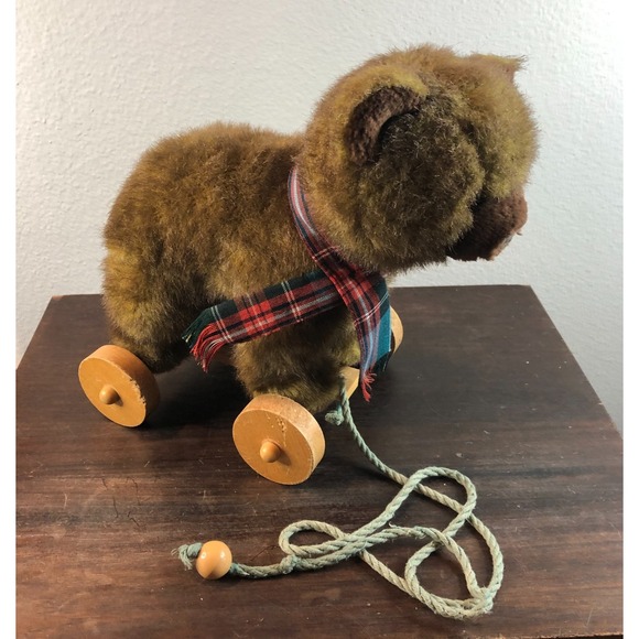 Vtg 1986 Applause Bear Pull Toy Plush 7"Brown Wood Wheels Original PullRope Read - Picture 2 of 15
